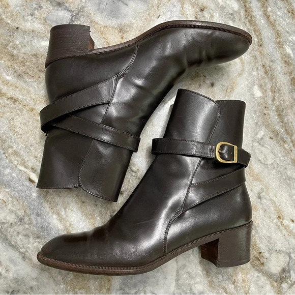 Salvatore Ferragamo Brown Leather Ankle Heeled Boots Size 6B Gold Buckle Detail - Picture 6 of 17